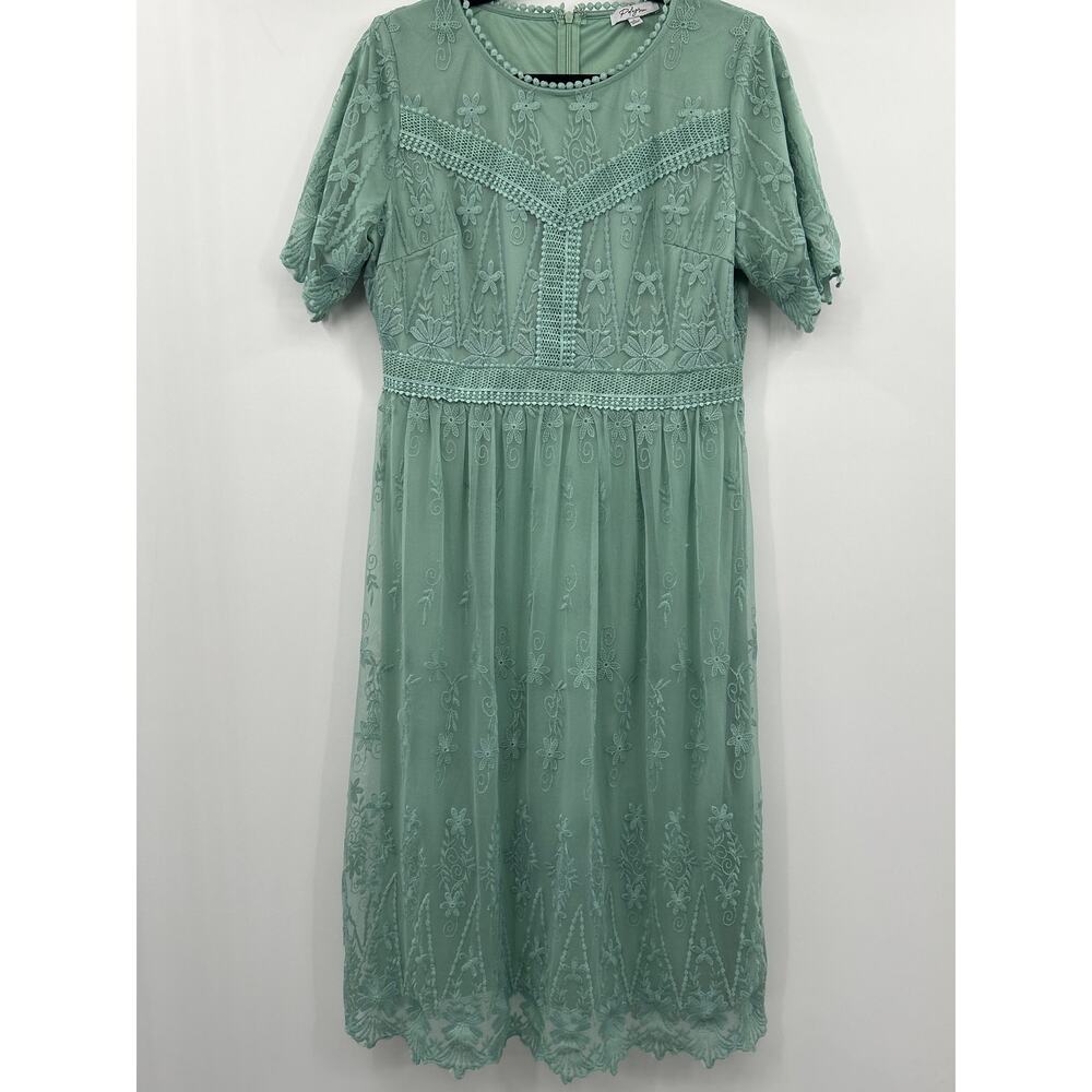 Polagram Mint Green Embroidered Mesh Dress Large Boho Cottagecore Sheer Overlay